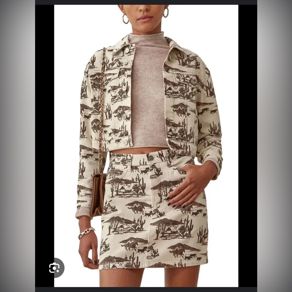 Reformation western jean print set (jacket, jeans and skirt)